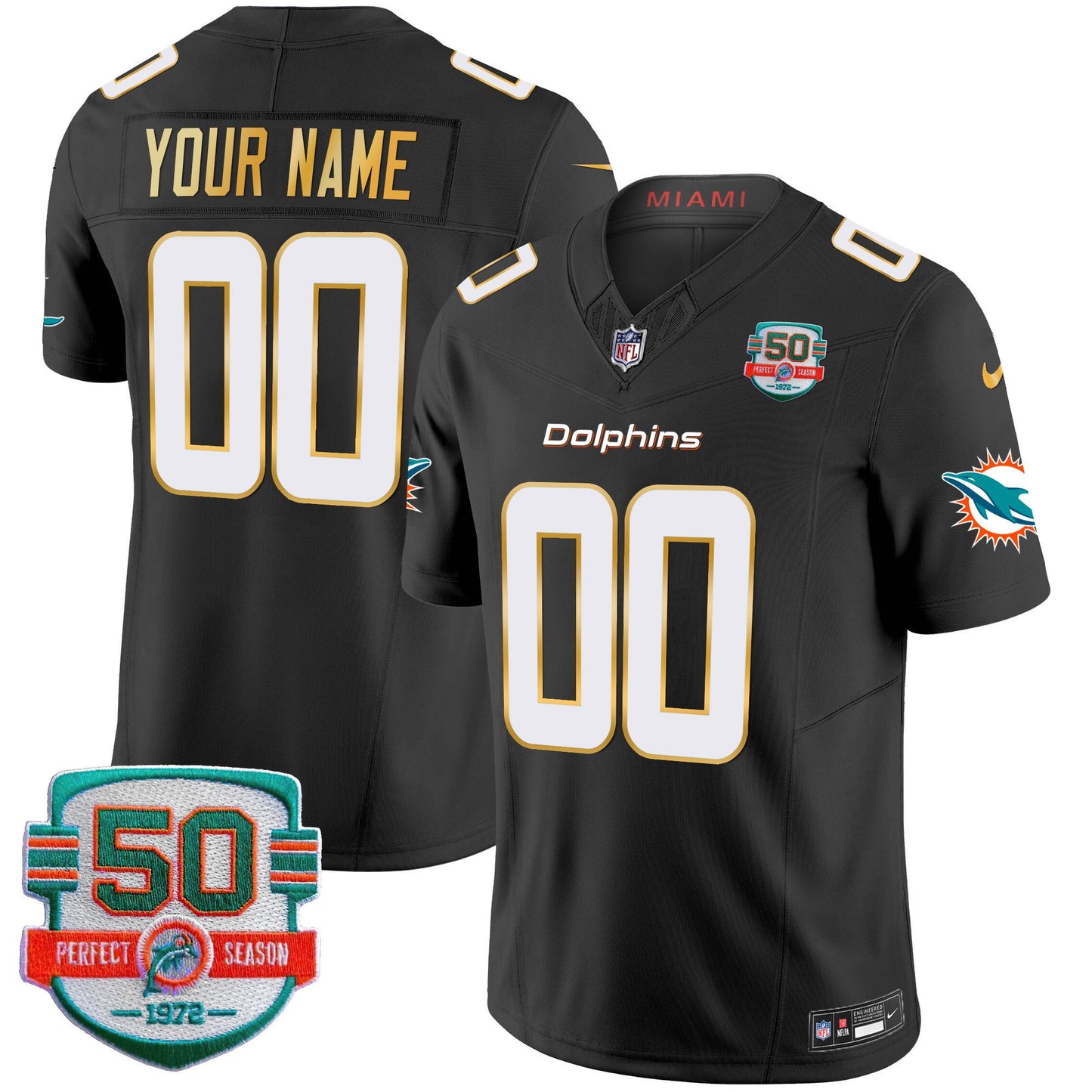 Dolphins Gold Trim Vapor Limited Custom Jersey - All Stitched