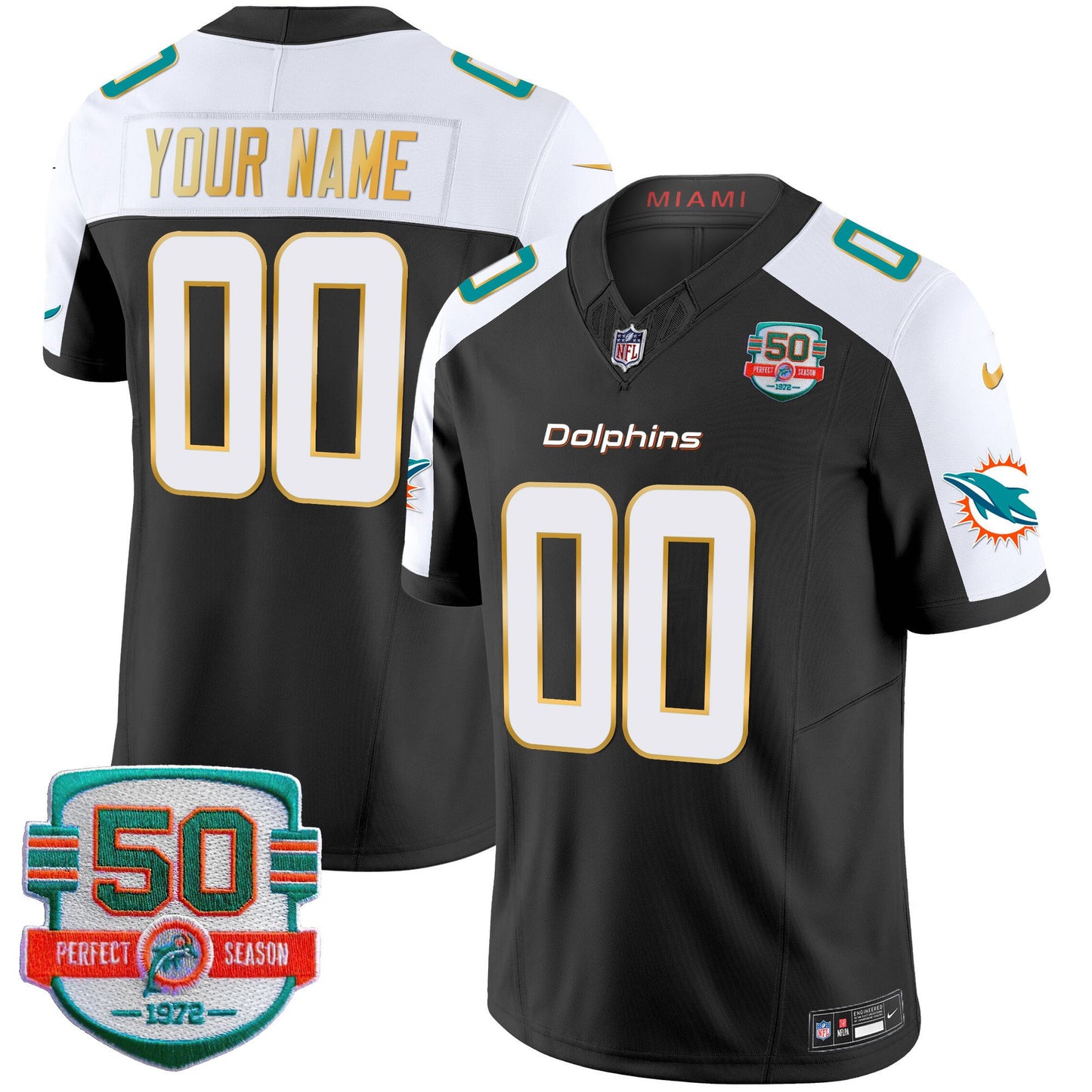 Dolphins Gold Trim Vapor Limited Custom Jersey - All Stitched