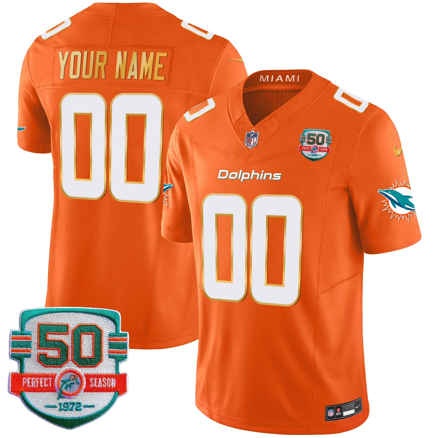 Dolphins Gold Trim Vapor Limited Custom Jersey - All Stitched