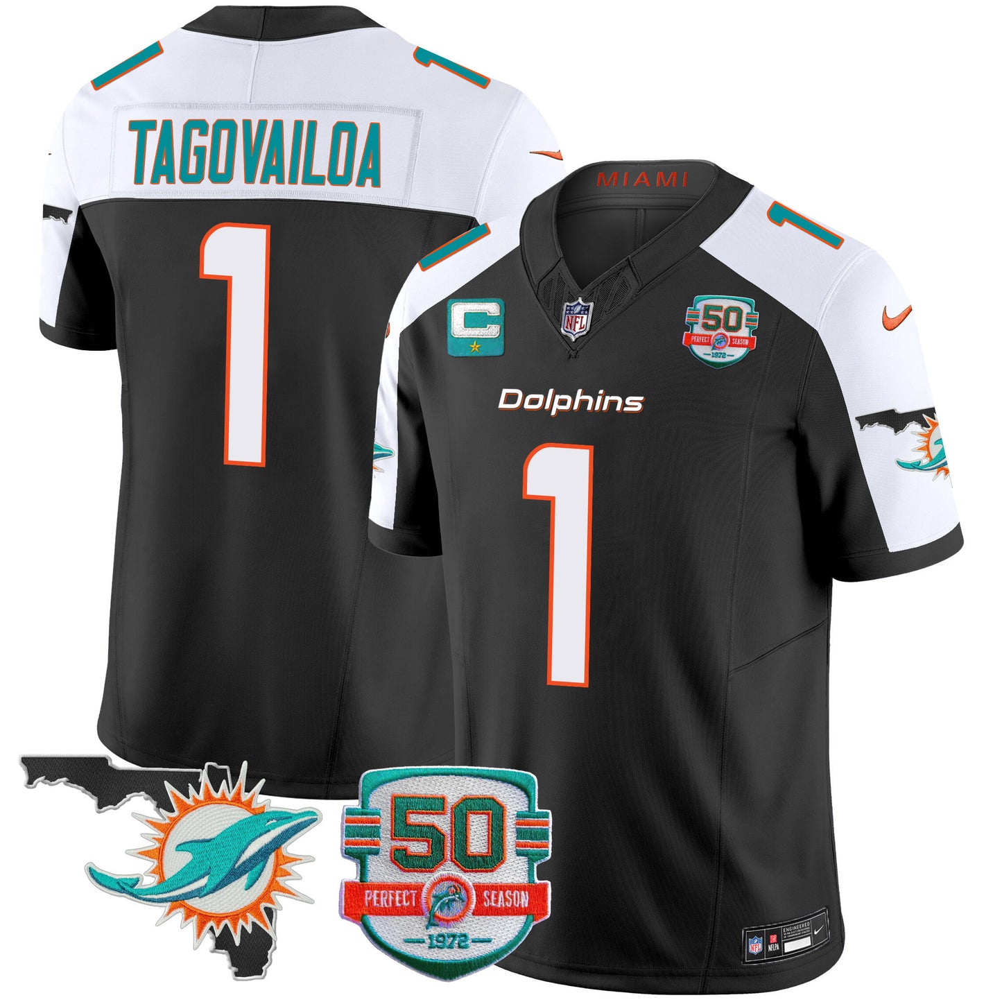 Dolphins 50th Perfect Season & Florida Patch Vapor Jersey - All Stitched