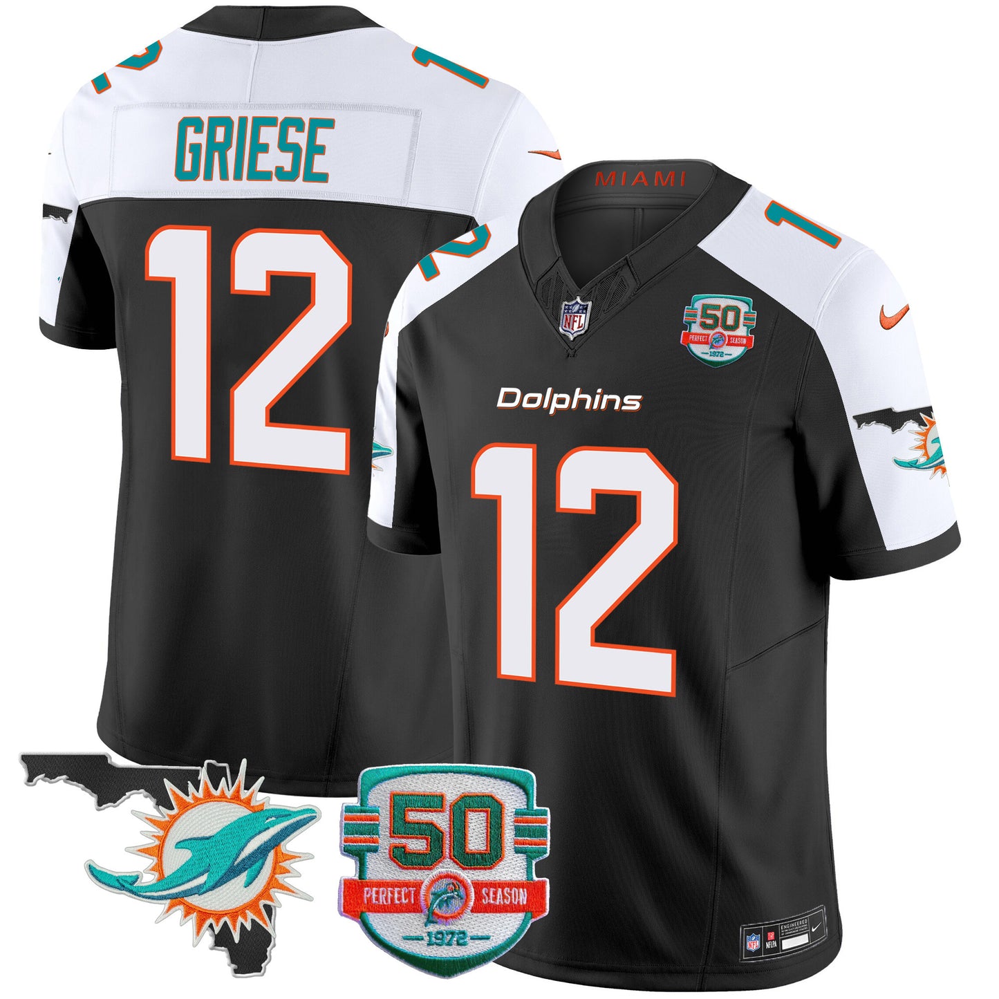 Dolphins 50th Perfect Season & Florida Patch Vapor Jersey - All Stitched