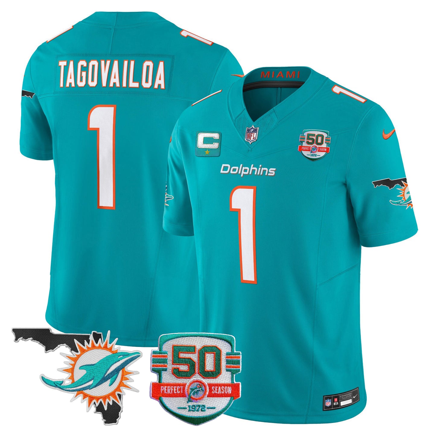 Dolphins 50th Perfect Season & Florida Patch Vapor Jersey - All Stitched