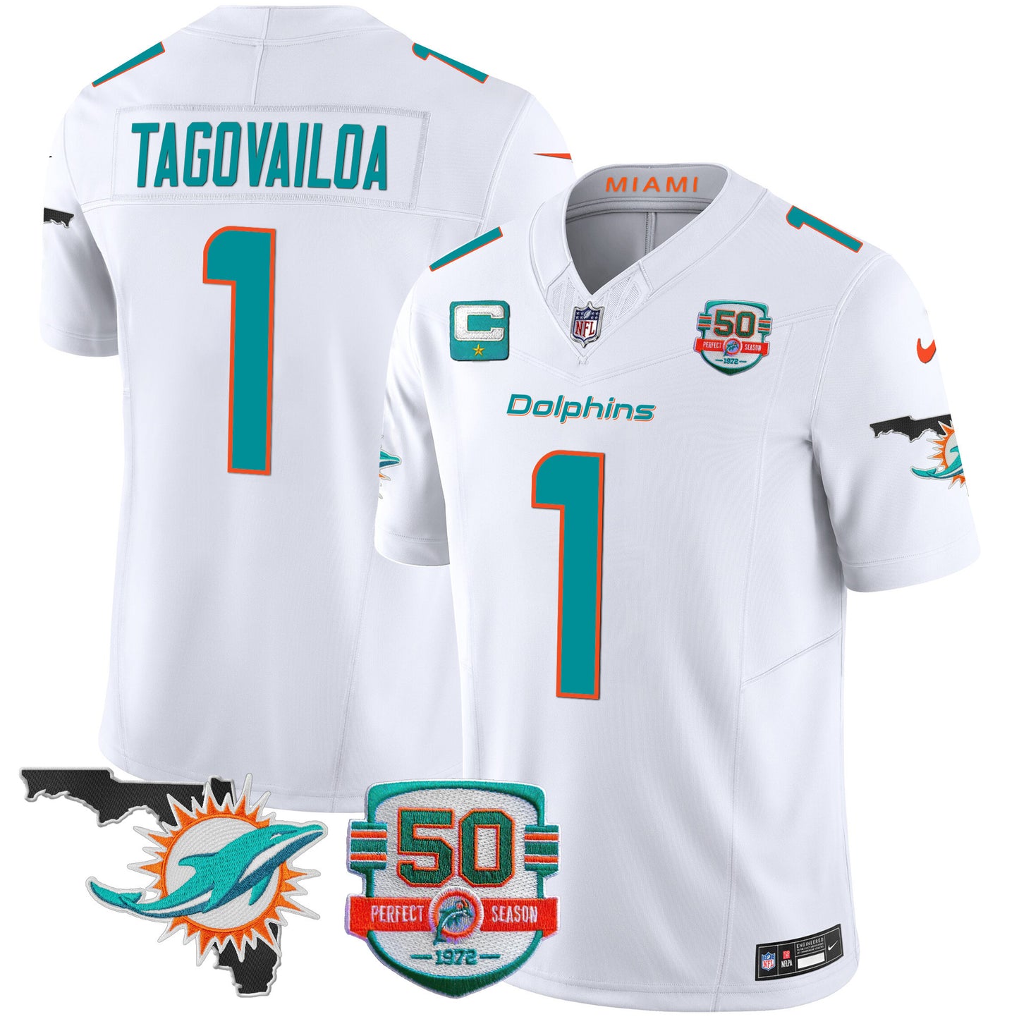 Dolphins 50th Perfect Season & Florida Patch Vapor Jersey - All Stitched