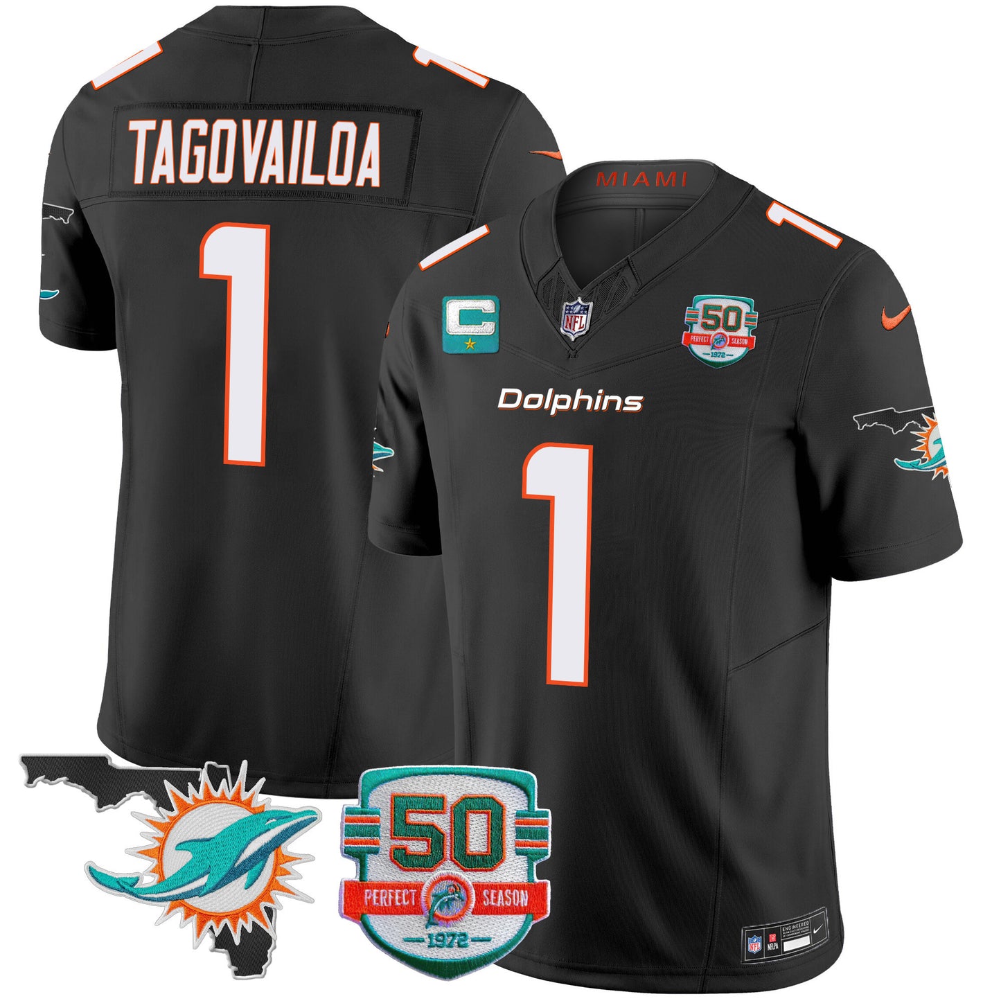 Dolphins 50th Perfect Season & Florida Patch Vapor Jersey - All Stitched