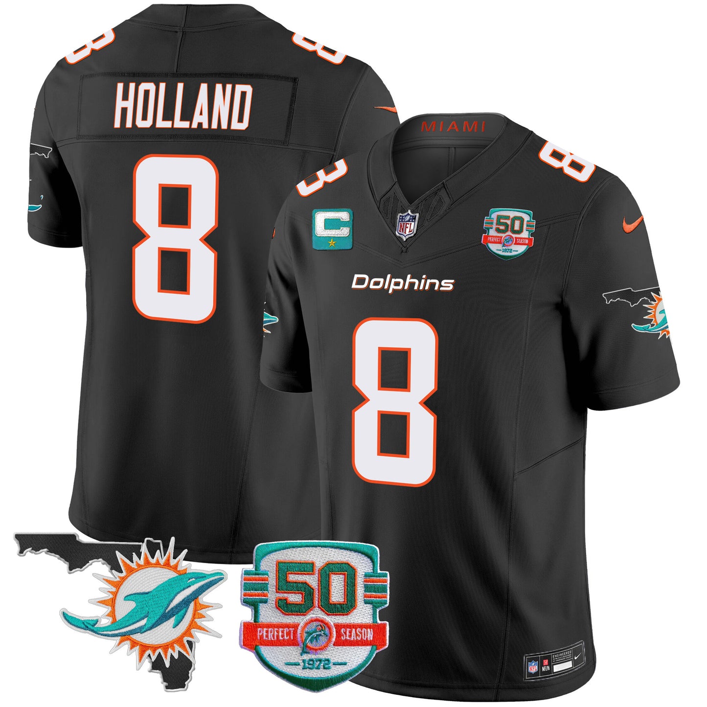 Dolphins 50th Perfect Season & Florida Patch Vapor Jersey - All Stitched