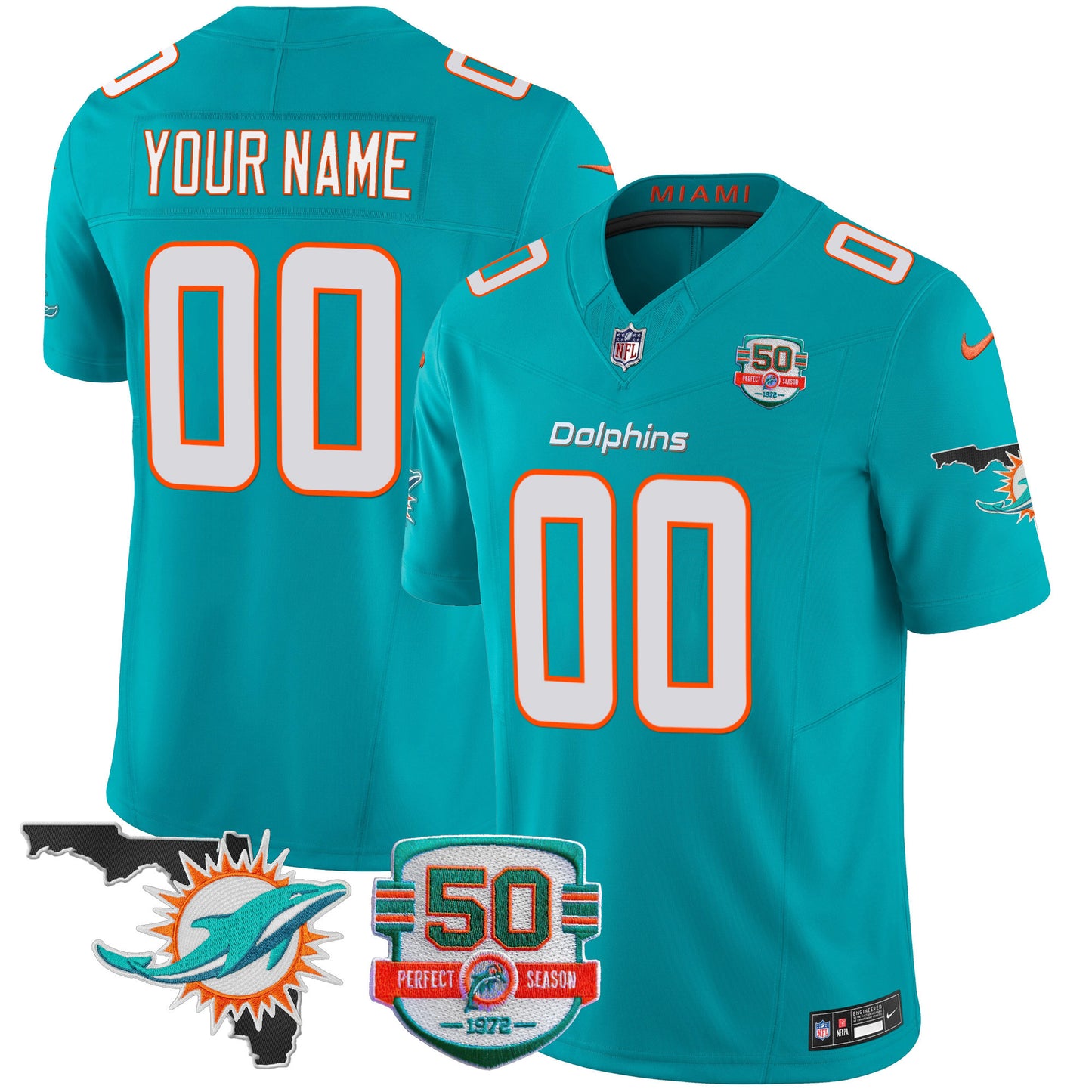 Dolphins 50th Perfect Season & Florida Patch Vapor Custom Jersey - All Stitched