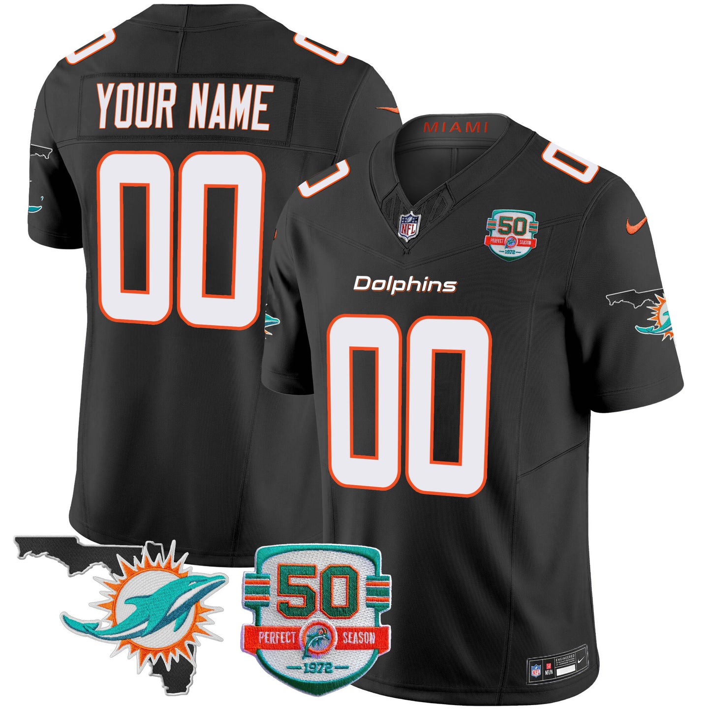 Dolphins 50th Perfect Season & Florida Patch Vapor Custom Jersey - All Stitched