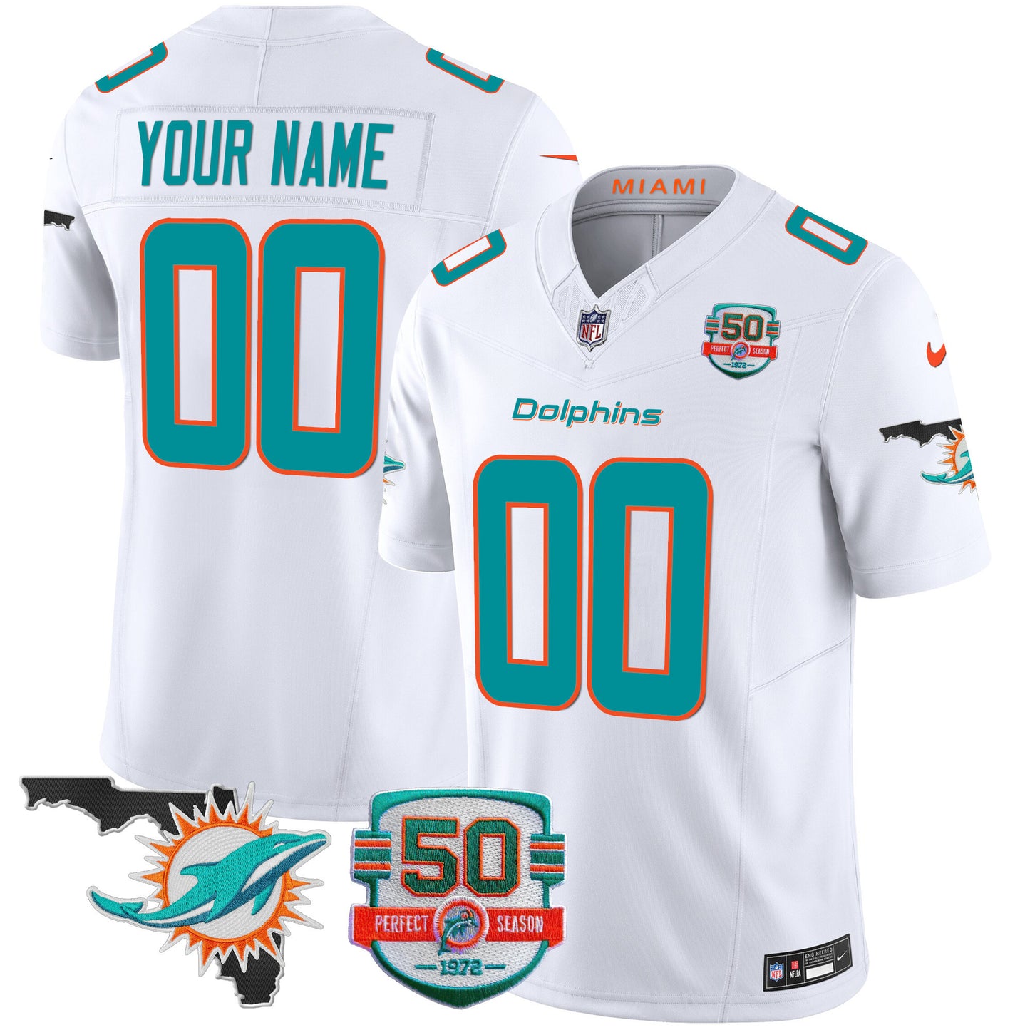 Dolphins 50th Perfect Season & Florida Patch Vapor Custom Jersey - All Stitched