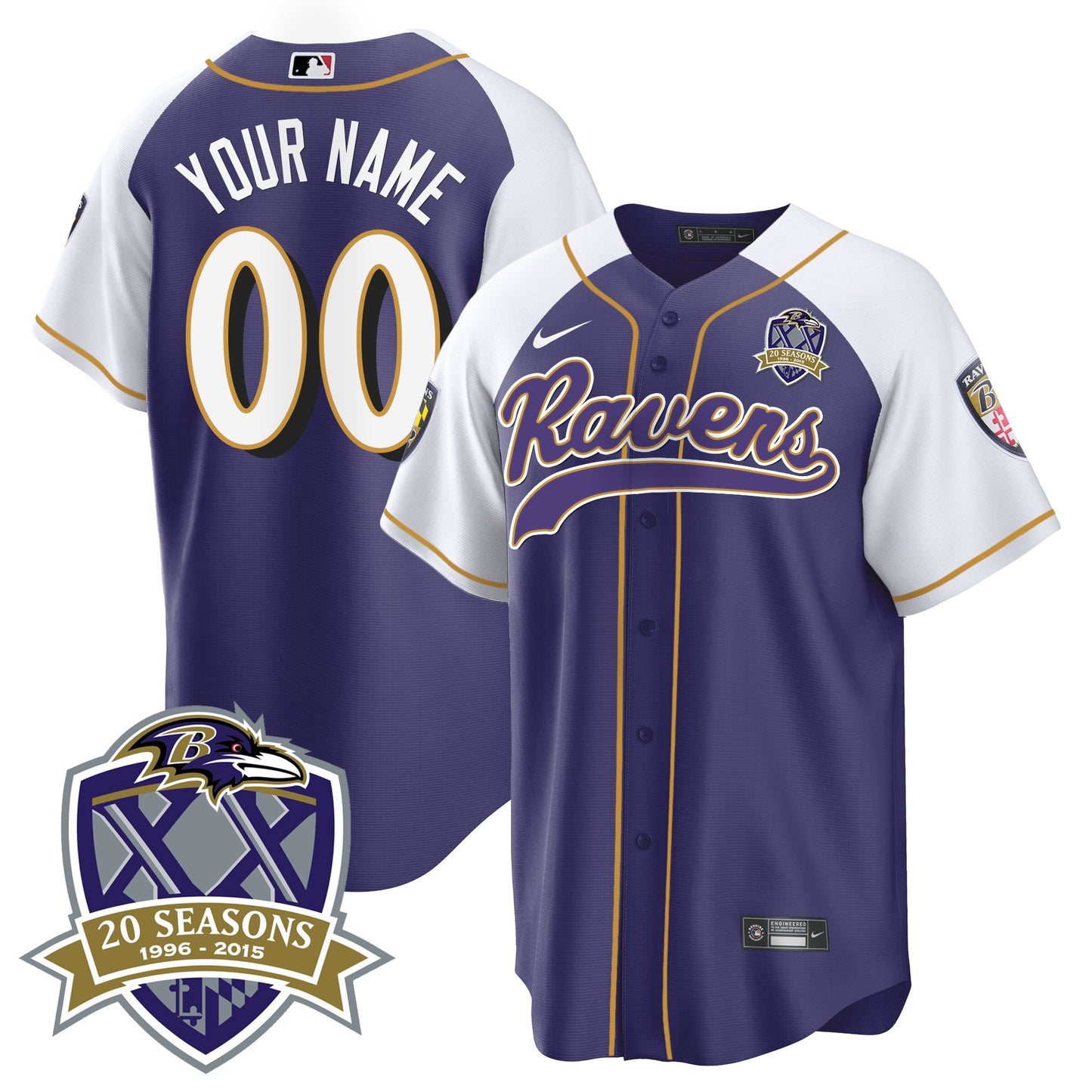 Ravens 20th Season Patch Baseball Custom Jersey - All Stitched