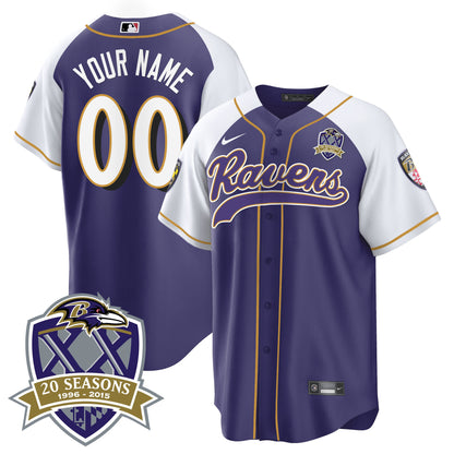 Ravens 20th Season Patch Baseball Custom Jersey - All Stitched