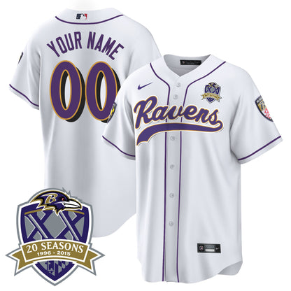 Ravens 20th Season Patch Baseball Custom Jersey - All Stitched