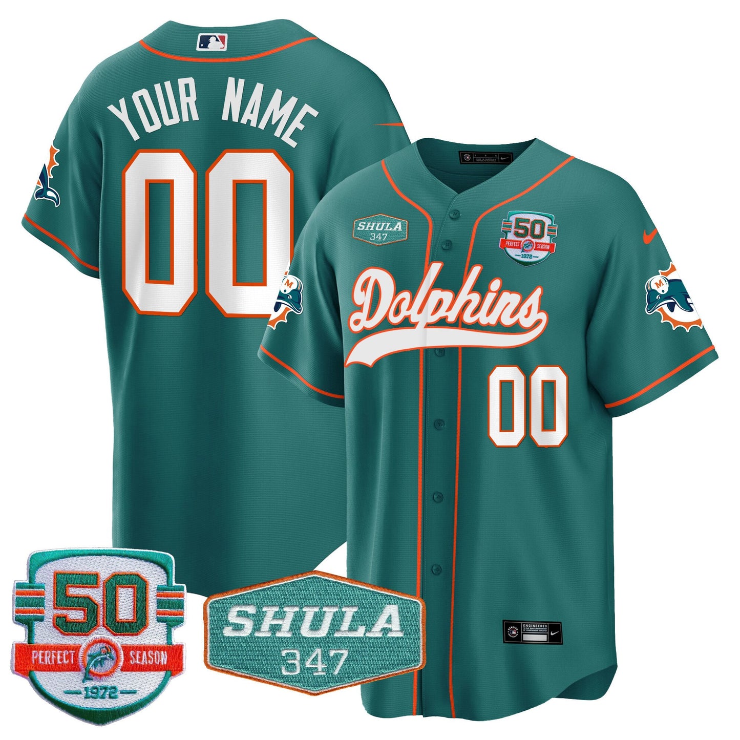 Dolphins 50th & Don Shula 347 Memorial Patch Baseball Custom Jersey - All Stitched