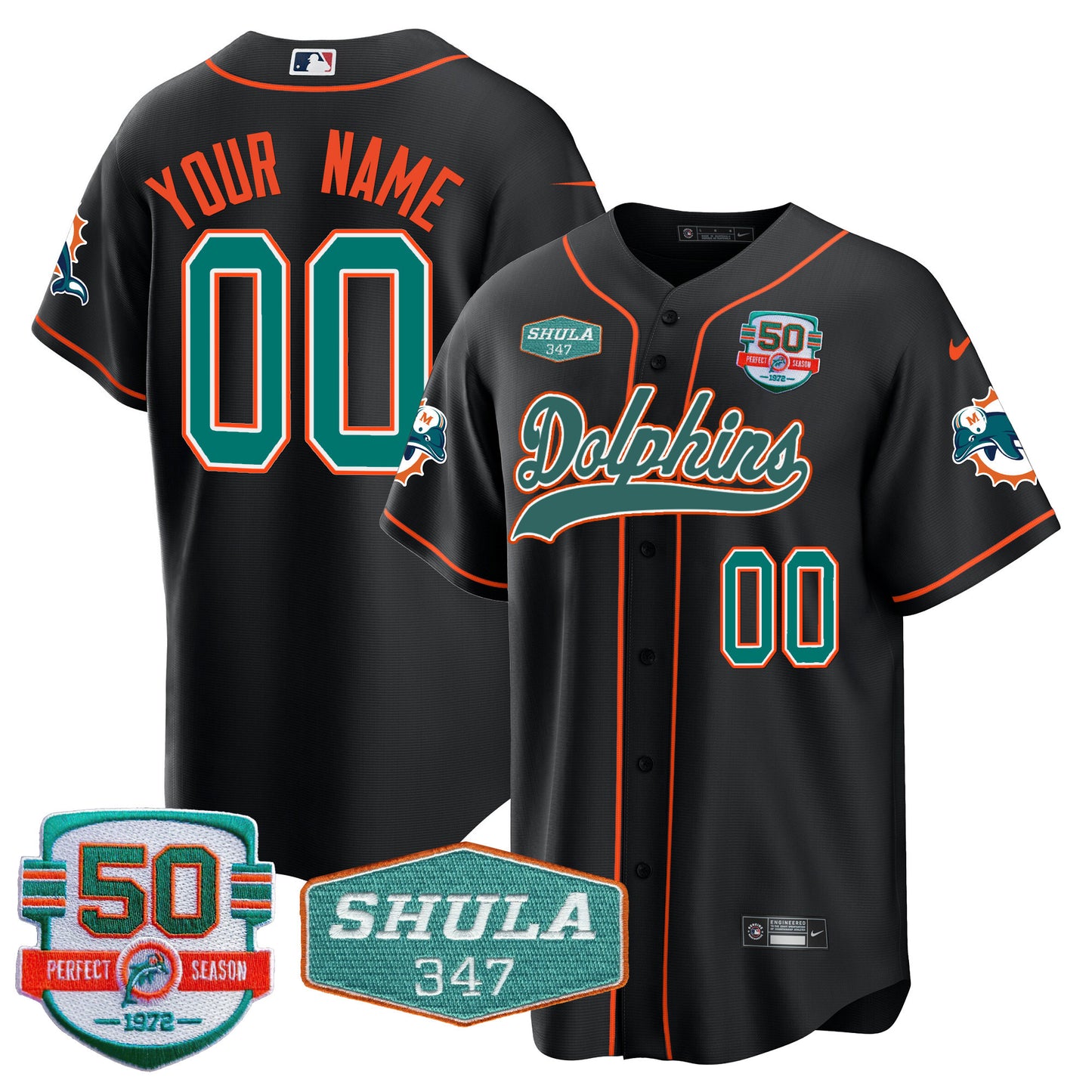 Dolphins 50th & Don Shula 347 Memorial Patch Baseball Custom Jersey - All Stitched