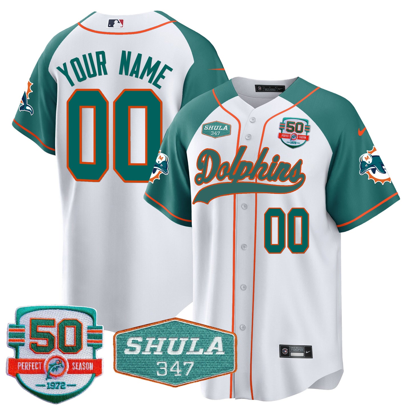 Dolphins 50th & Don Shula 347 Memorial Patch Baseball Custom Jersey - All Stitched