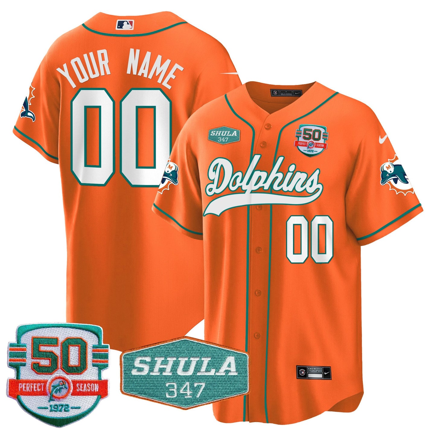 Dolphins 50th & Don Shula 347 Memorial Patch Baseball Custom Jersey - All Stitched