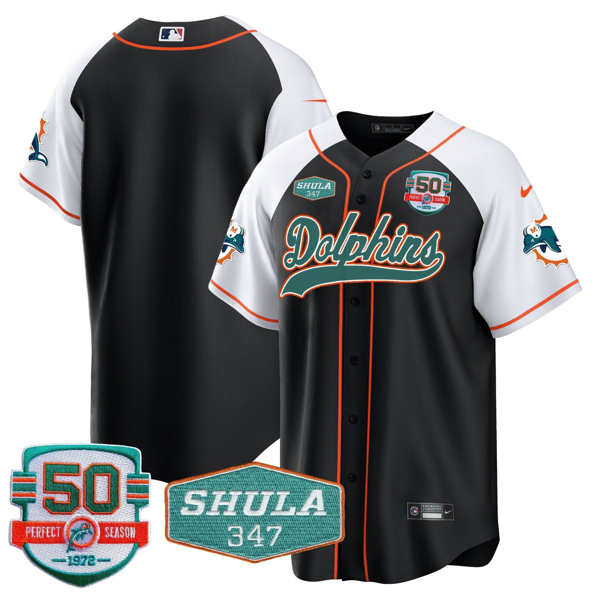 Men's Dolphins 50th & Don Shula 347 Memorial Patch Baseball Jersey - All Stitched