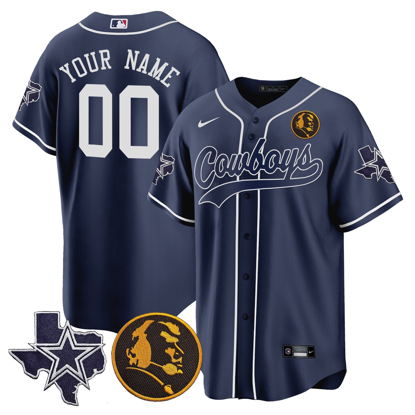 Cowboys Texas & John Madden Patch Baseball Custom Jersey - All Stitched