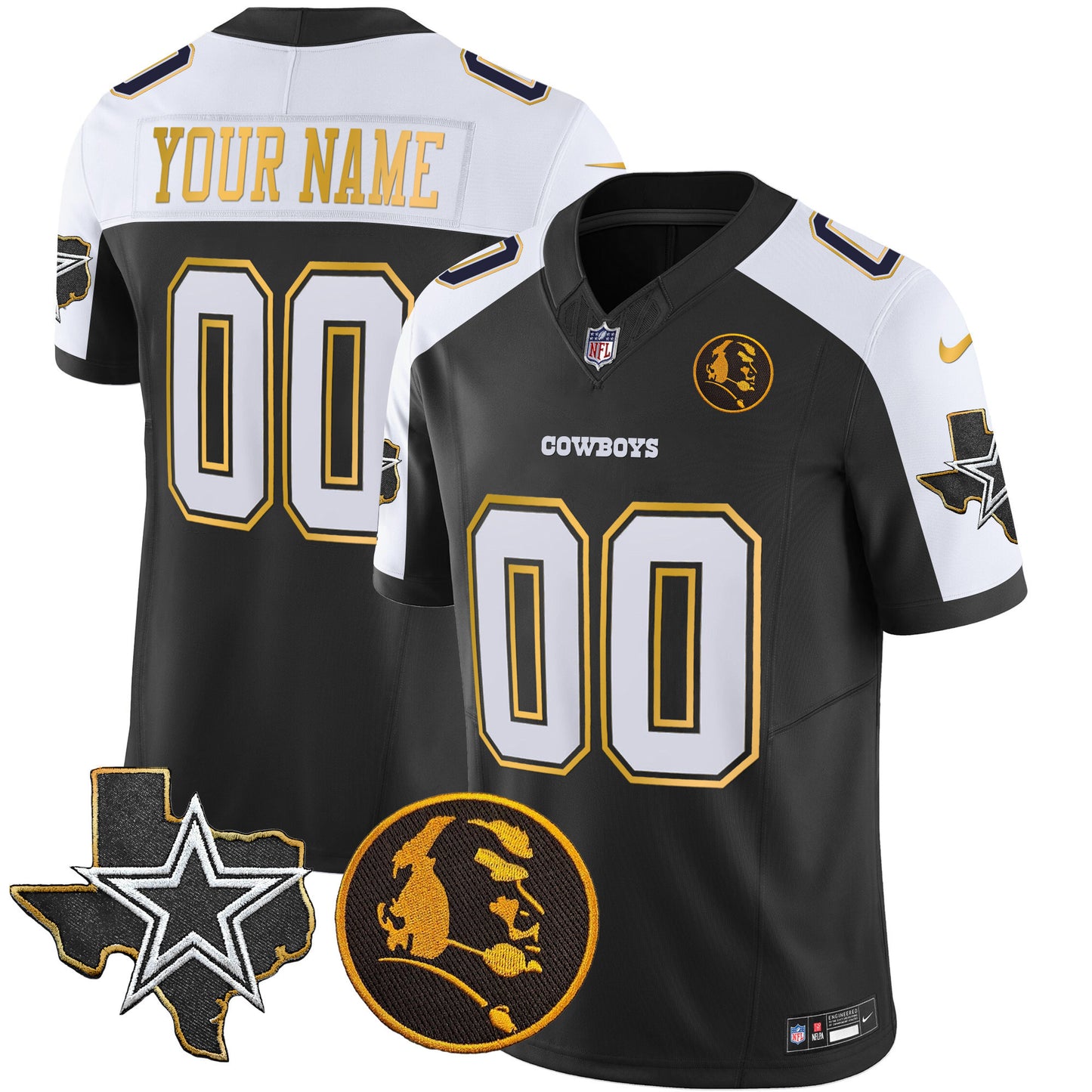 Cowboys Texas & John Madden Patch Gold Trim Vapor Custom Jersey - All Stitched