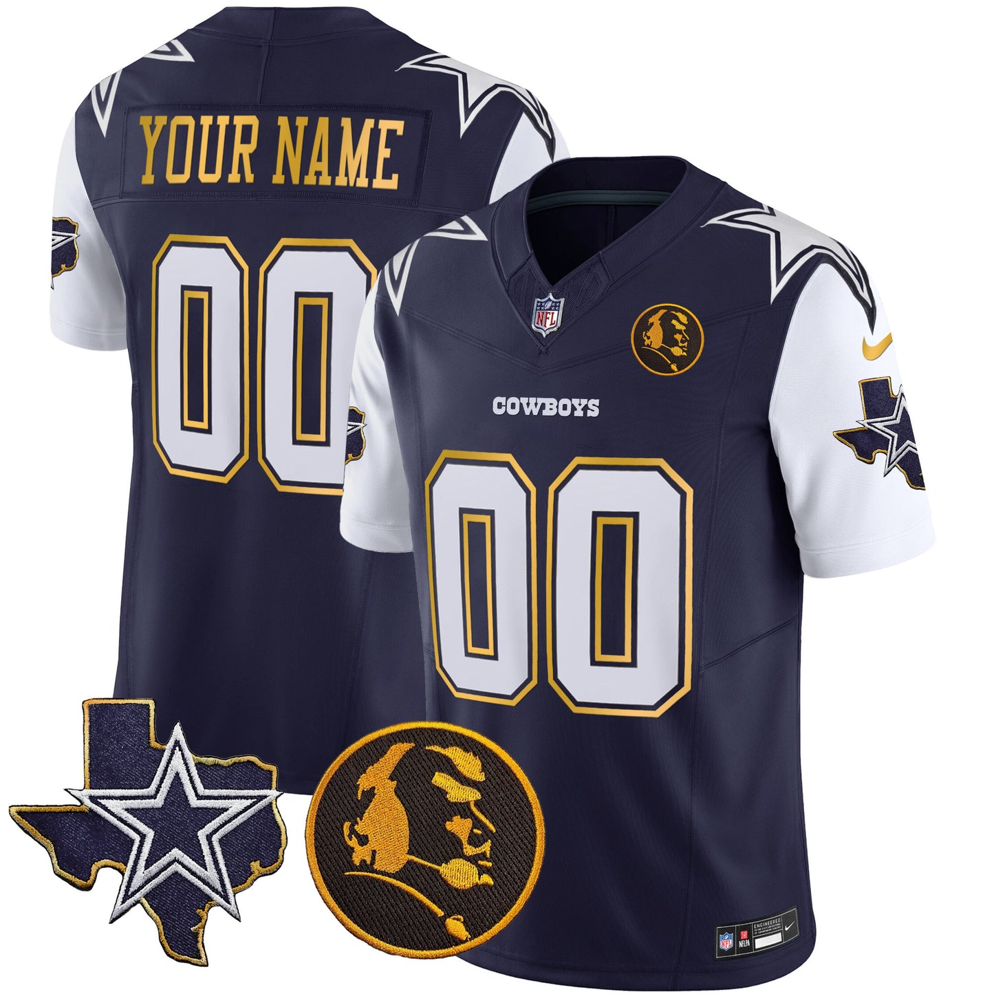 Cowboys Texas & John Madden Patch Gold Trim Vapor Custom Jersey - All Stitched