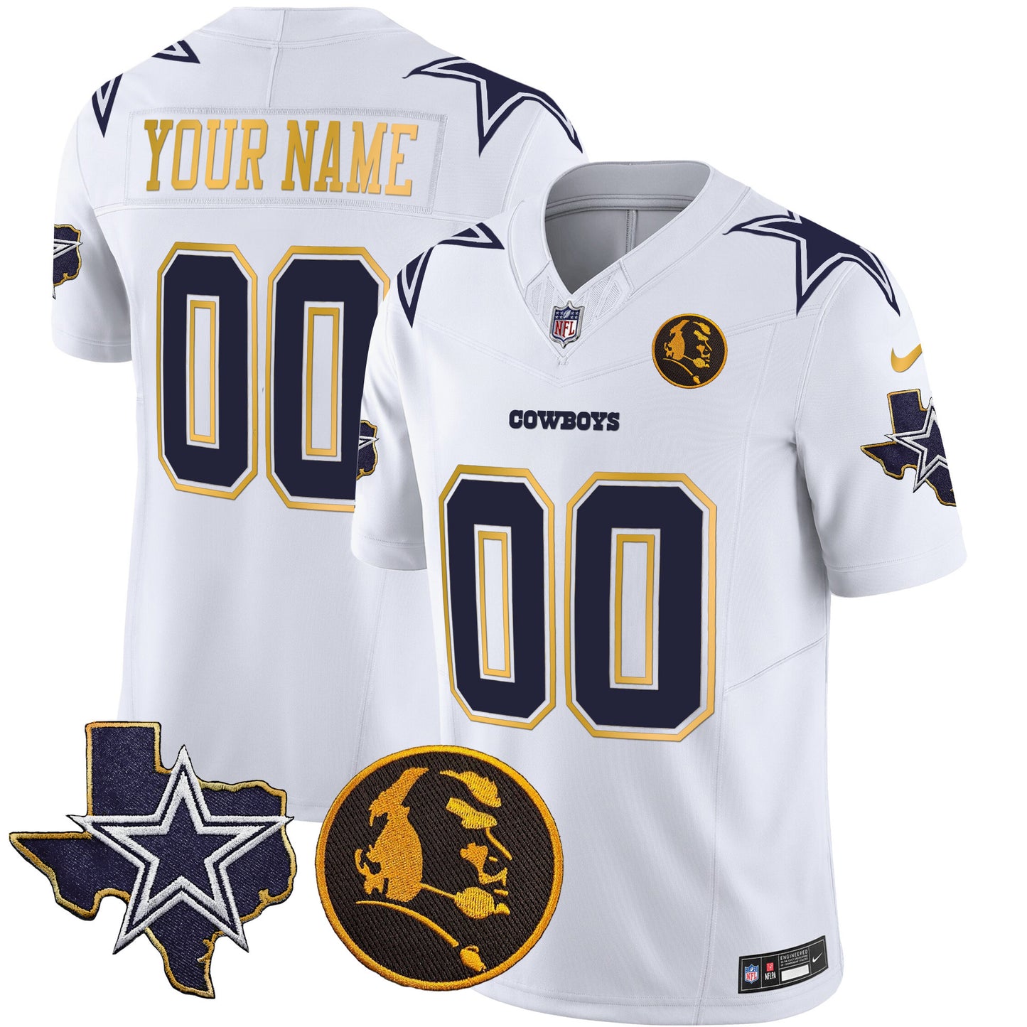 Cowboys Texas & John Madden Patch Gold Trim Vapor Custom Jersey - All Stitched