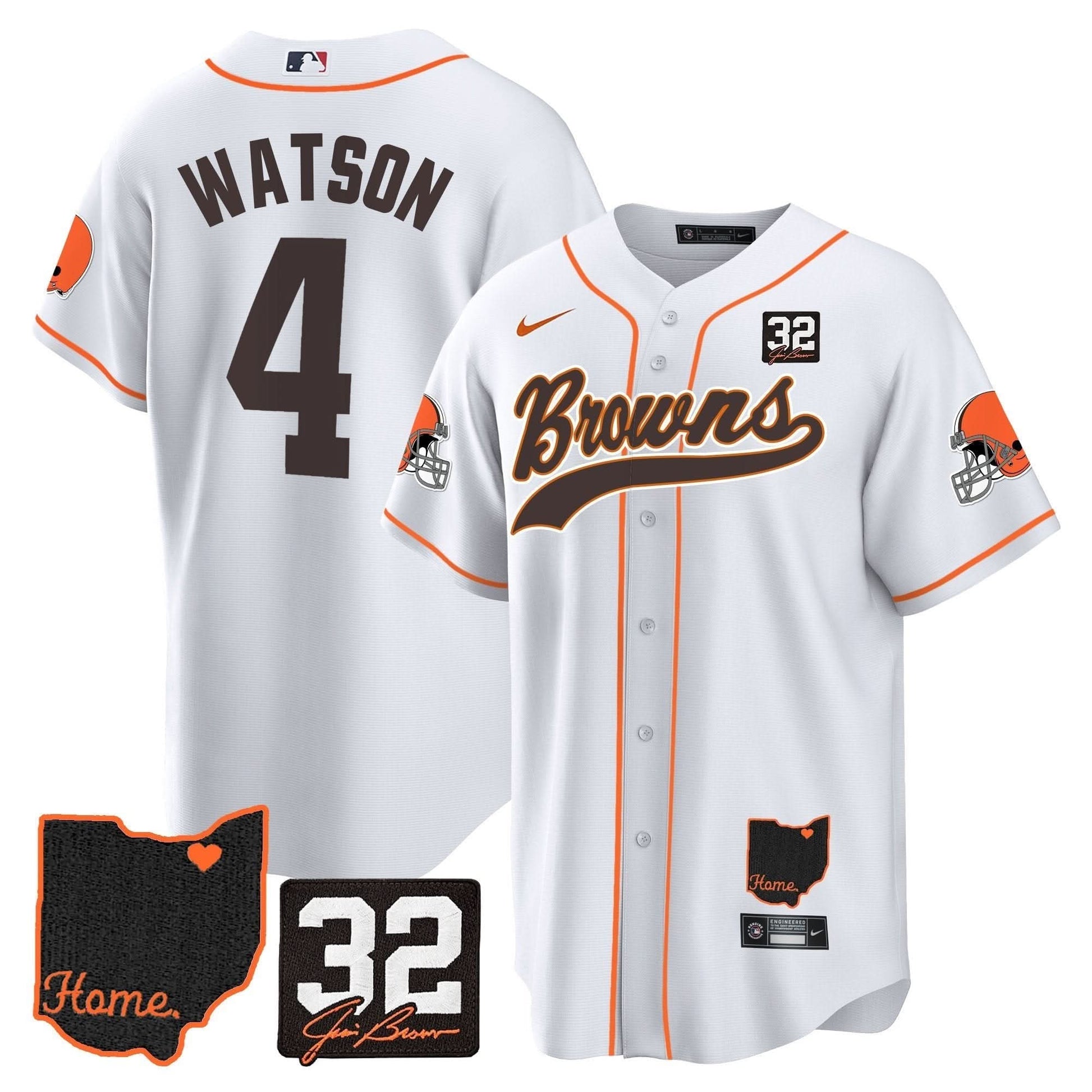 Men's Browns #32 Jim Brown Memorial & Home Patch Baseball Jersey V2 - All Stitched