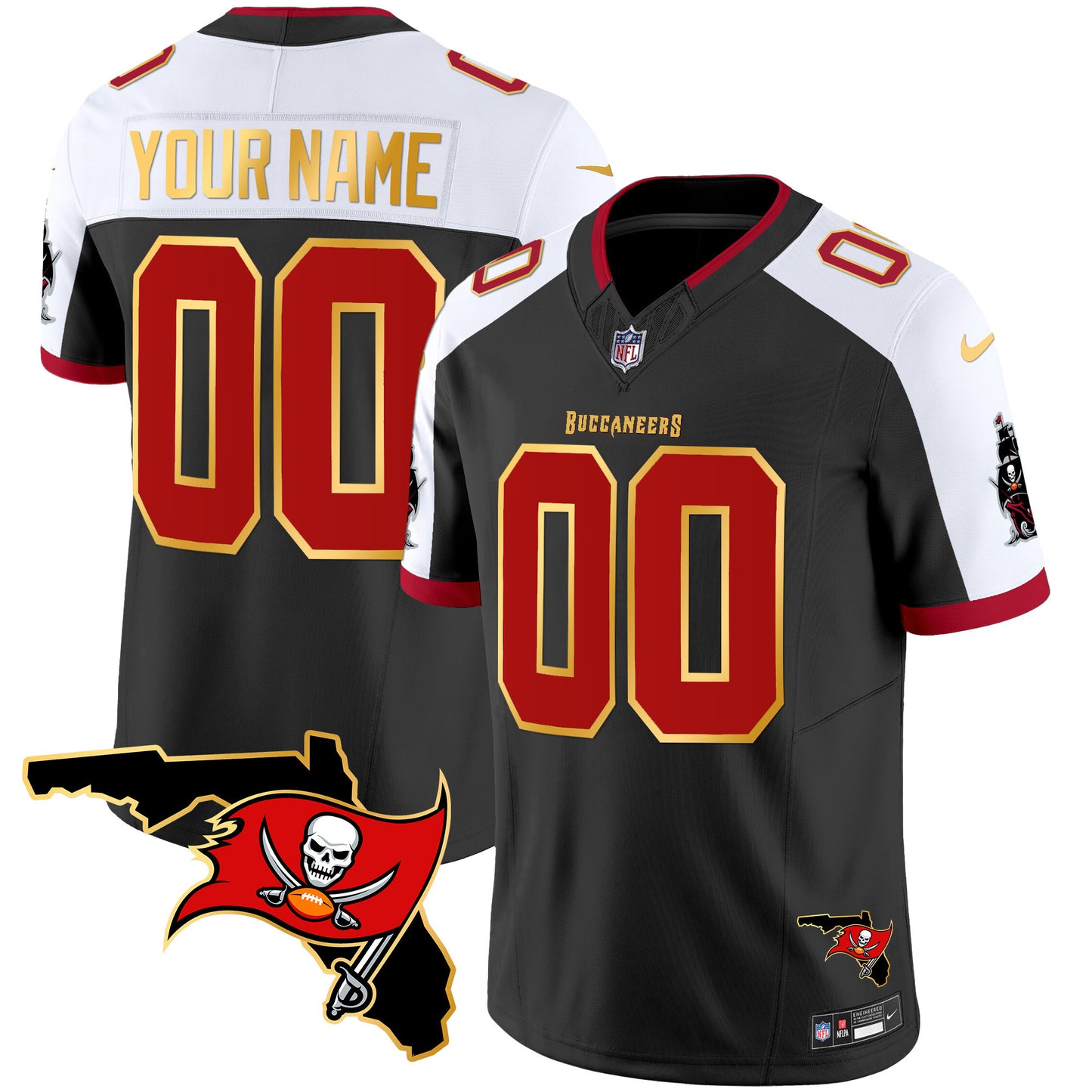 Buccaneers Florida Patch Gold Trim Vapor Custom Jersey - All Stitched