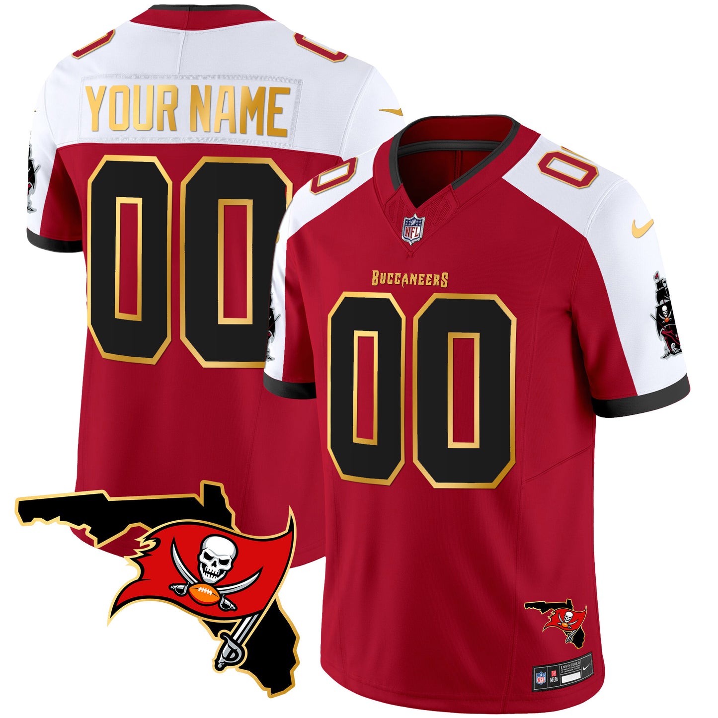 Buccaneers Florida Patch Gold Trim Vapor Custom Jersey - All Stitched