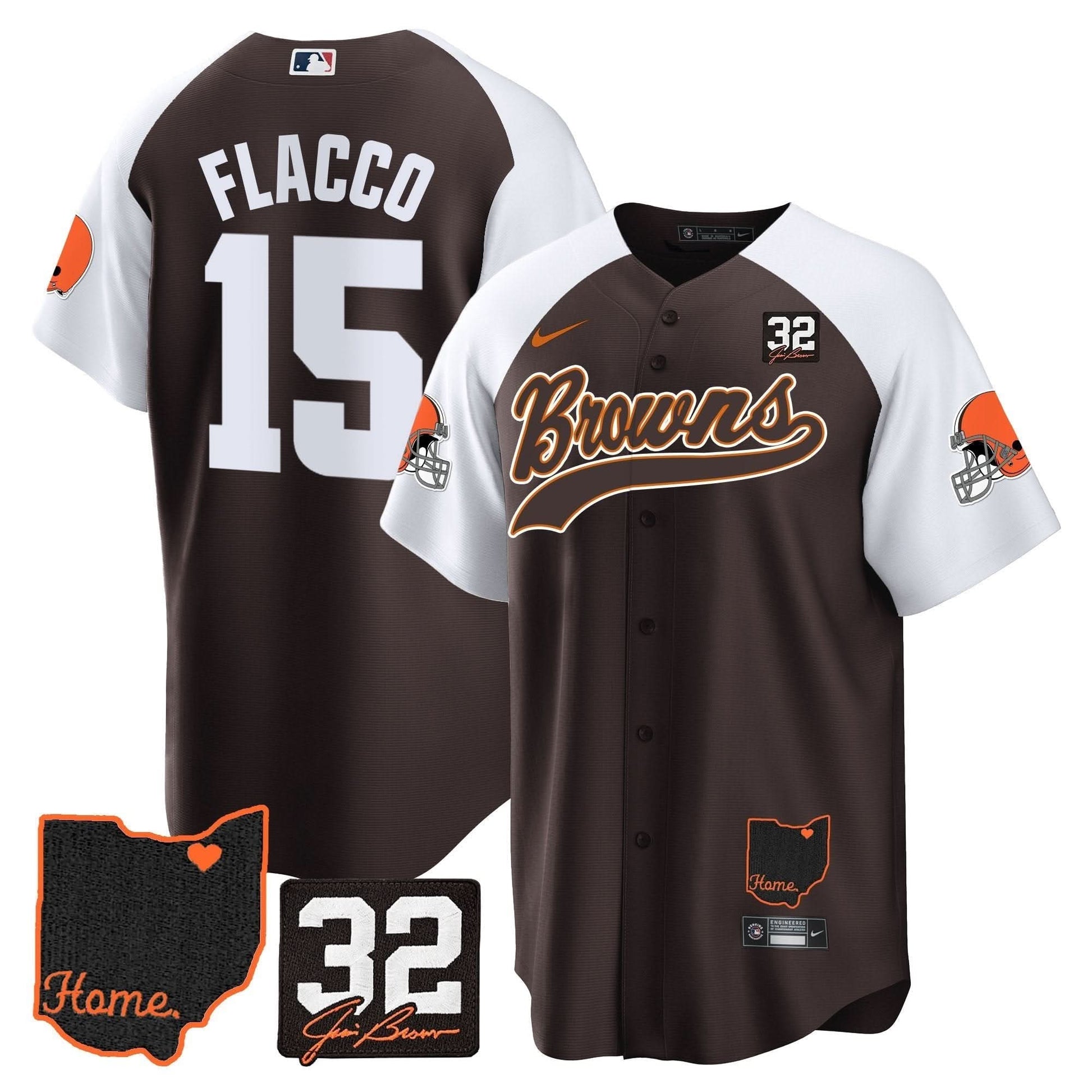 Men's Browns #32 Jim Brown Memorial & Home Patch Baseball Jersey V2 - All Stitched