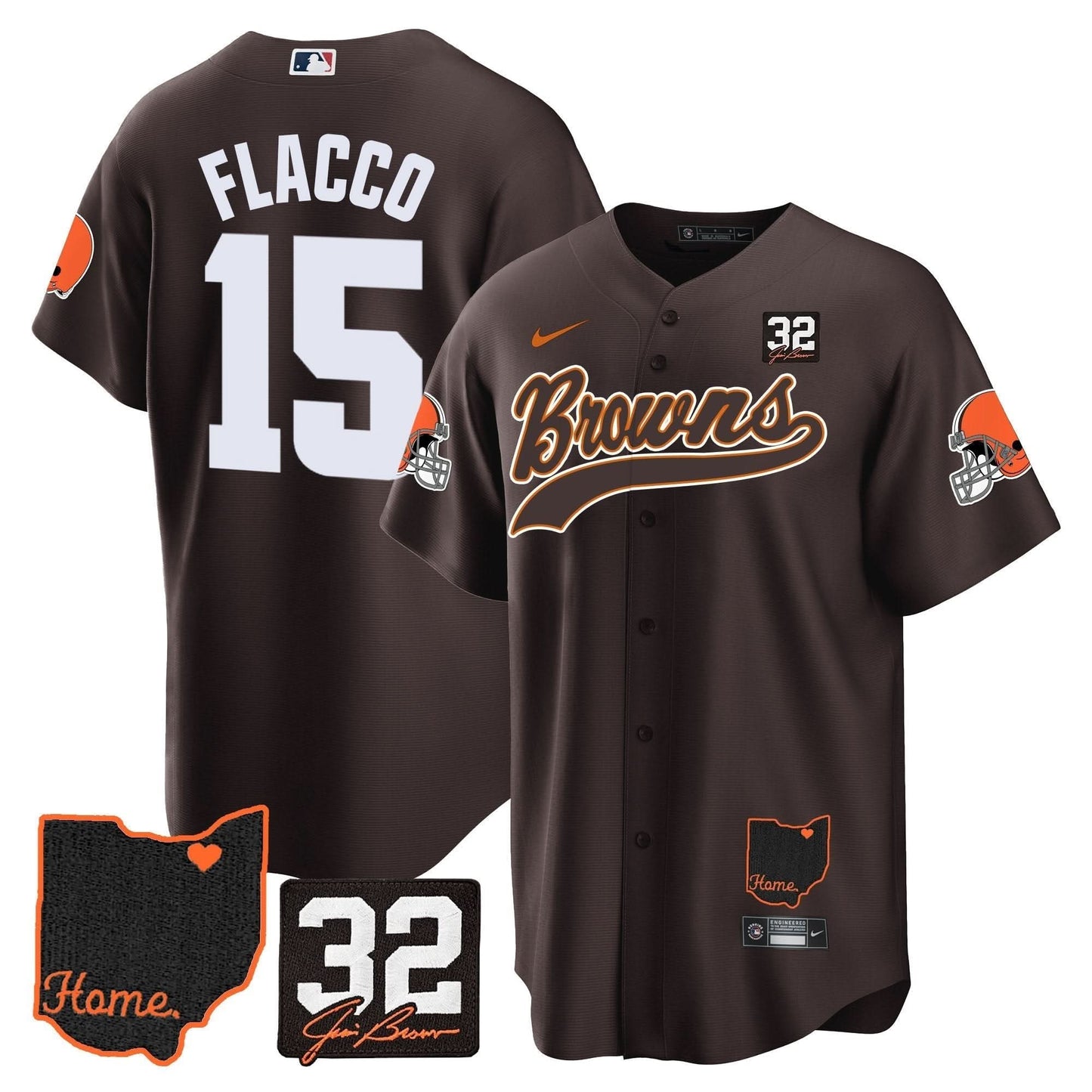 Men's Browns #32 Jim Brown Memorial & Home Patch Baseball Jersey V2 - All Stitched
