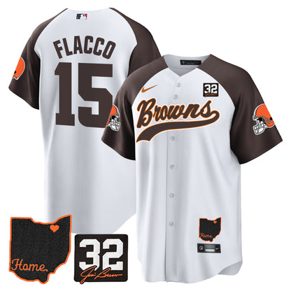 Browns #32 Jim Brown Memorial & Home Patch Baseball Jersey V2 - All Stitched