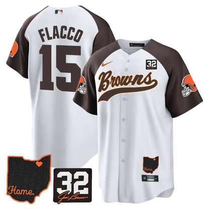 Men's Browns #32 Jim Brown Memorial & Home Patch Baseball Jersey V2 - All Stitched