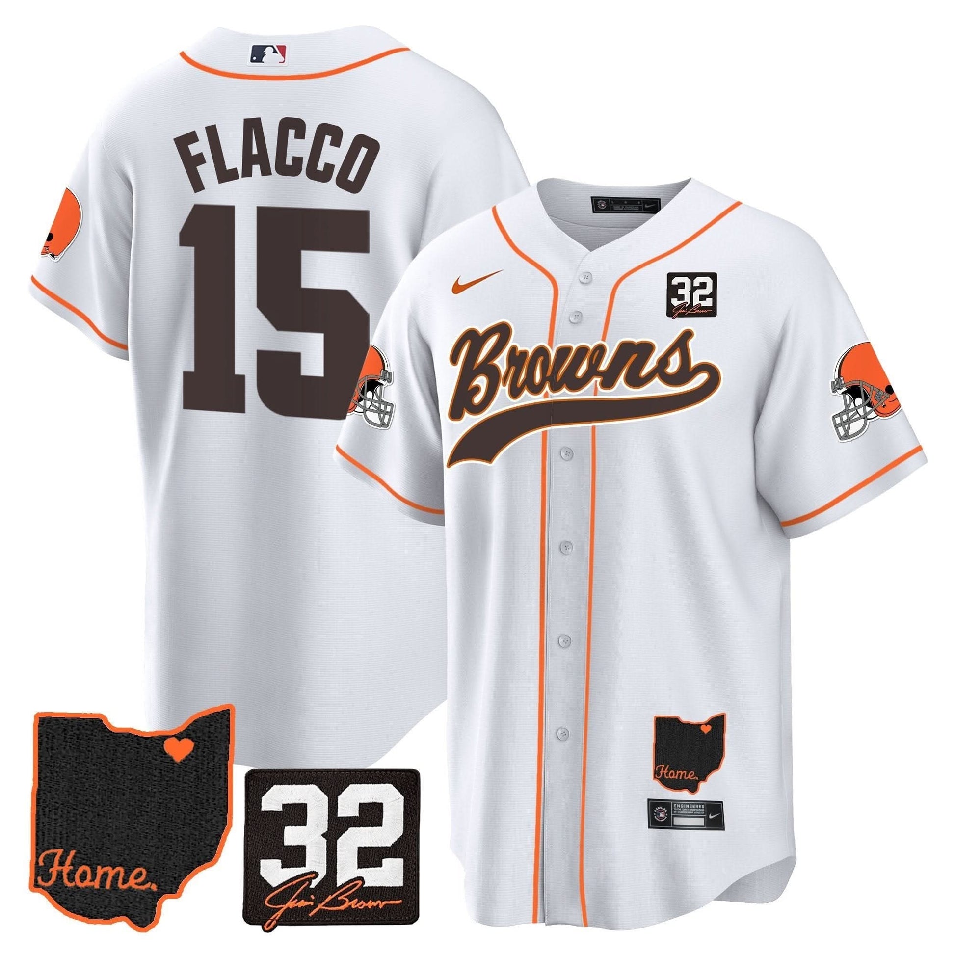 Men's Browns #32 Jim Brown Memorial & Home Patch Baseball Jersey V2 - All Stitched