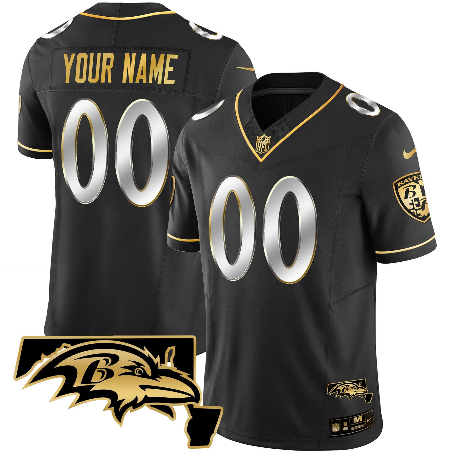 Ravens Maryland Patch Vapor Gold Custom Jersey - All Stitched