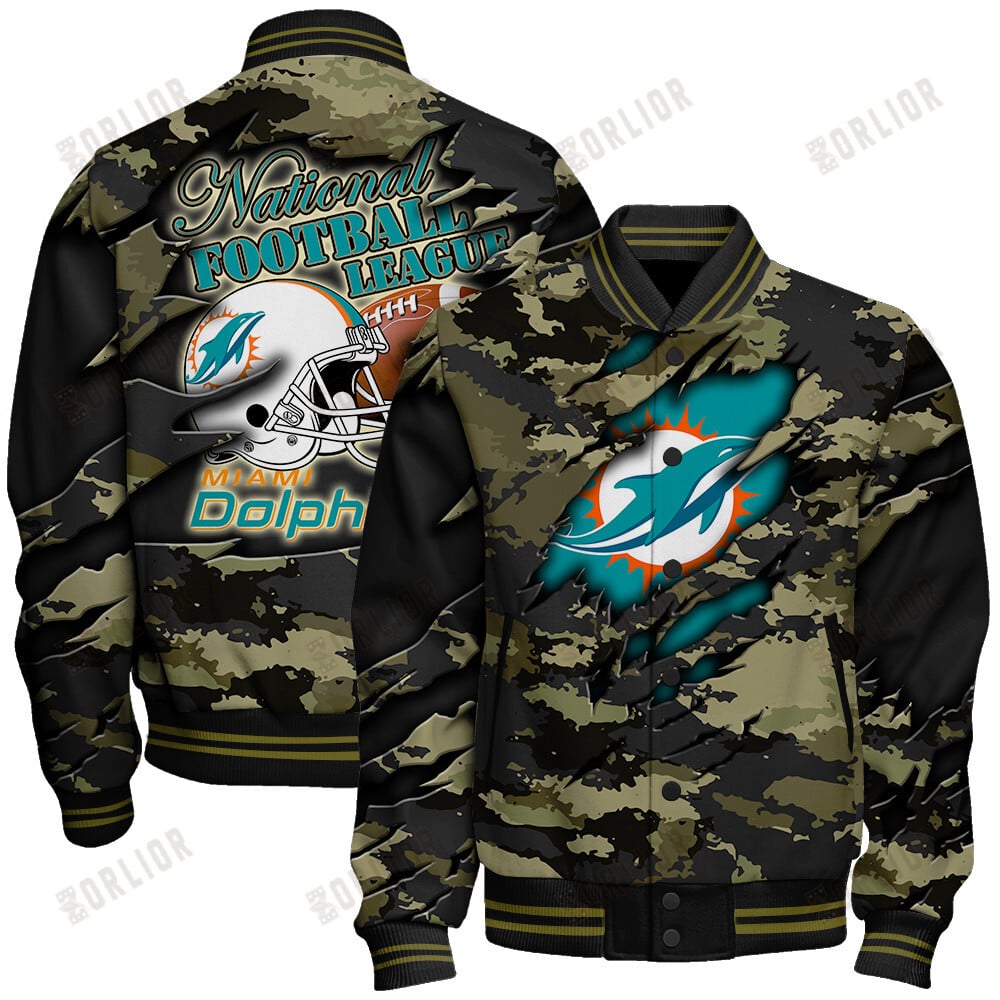 Miami Dolphins Black Camo Pattern National Football League Varsity Jacket