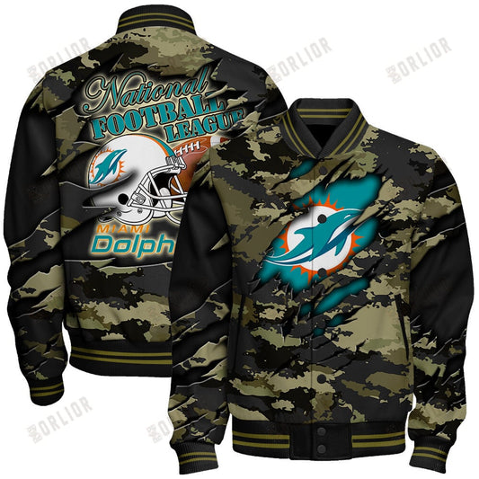 Miami Dolphins Black Camo Pattern National Football League Varsity Jacket