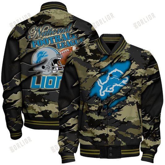 Detroit Lions Black Camo Pattern National Football League Varsity Jacket