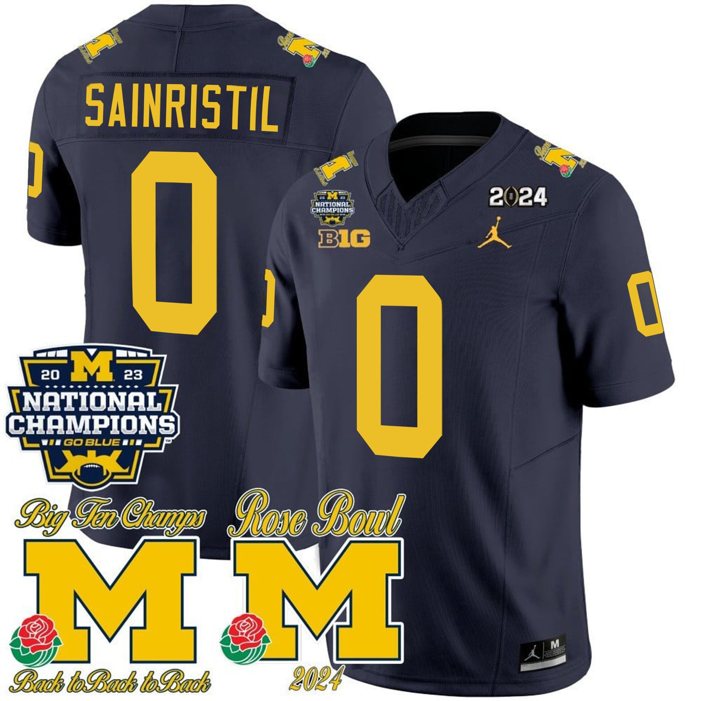 Michigan Wolverines 2023 National Champions & Rose Bowl Patch Vapor Jersey - All Stitched