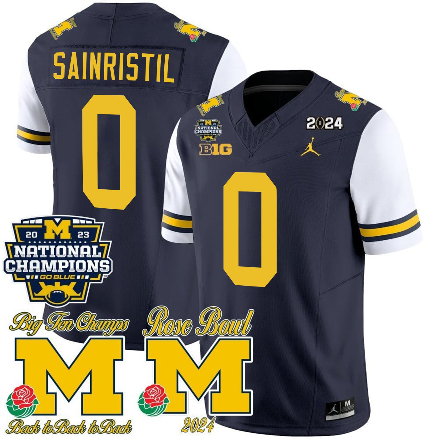 Michigan Wolverines 2023 National Champions & Rose Bowl Patch Vapor Jersey - All Stitched