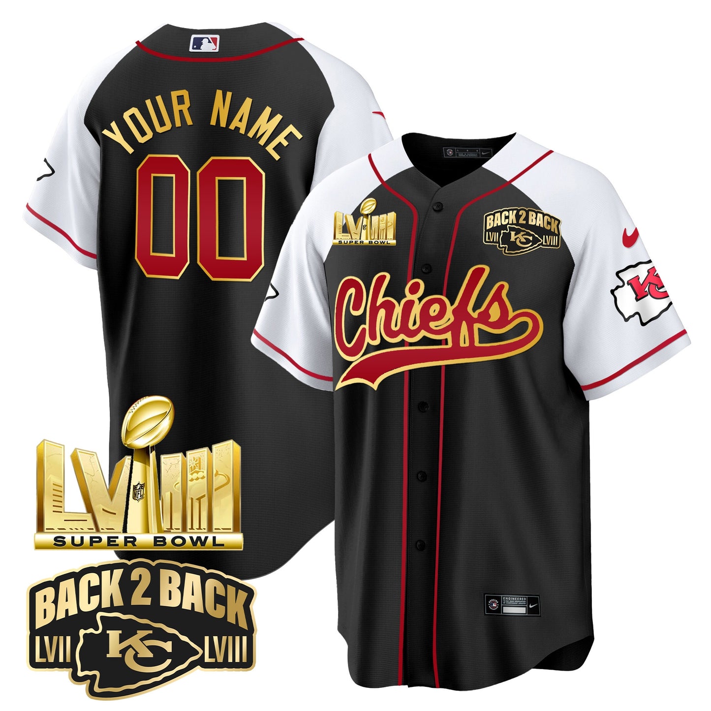 Chiefs Super Bowl LVIII & Back 2 Back Gold Patch Baseball Custom Jersey - All Stitched