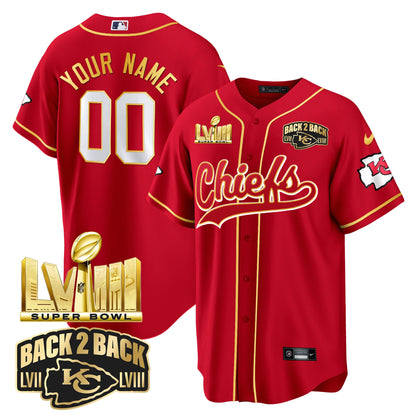 Chiefs Super Bowl LVIII & Back 2 Back Gold Patch Baseball Custom Jersey - All Stitched