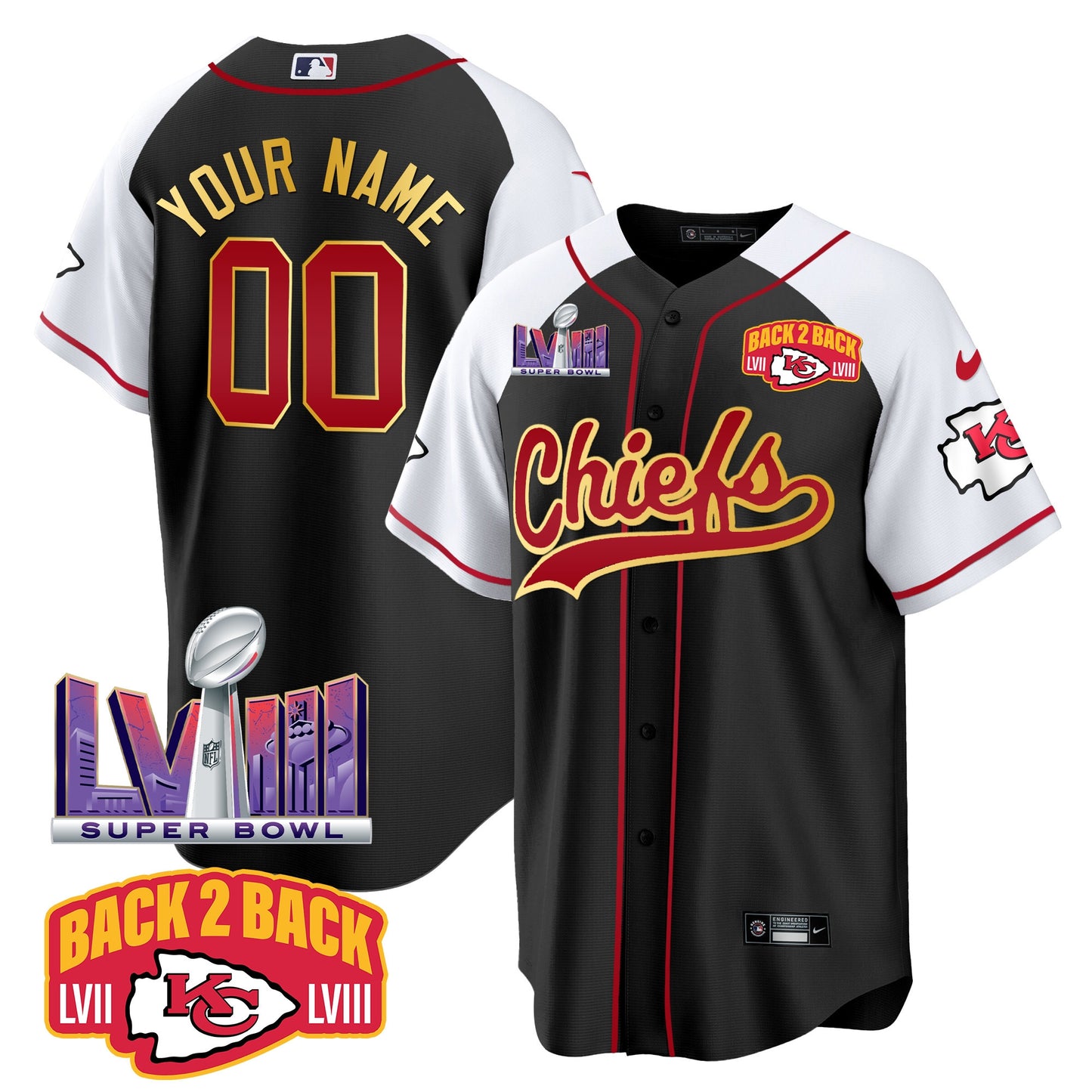 Chiefs Super Bowl LVIII & Back 2 Back Patch Baseball Custom Jersey - All Stitched