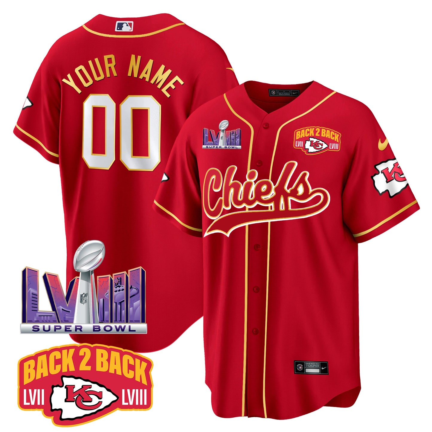 Chiefs Super Bowl LVIII & Back 2 Back Patch Baseball Custom Jersey - All Stitched