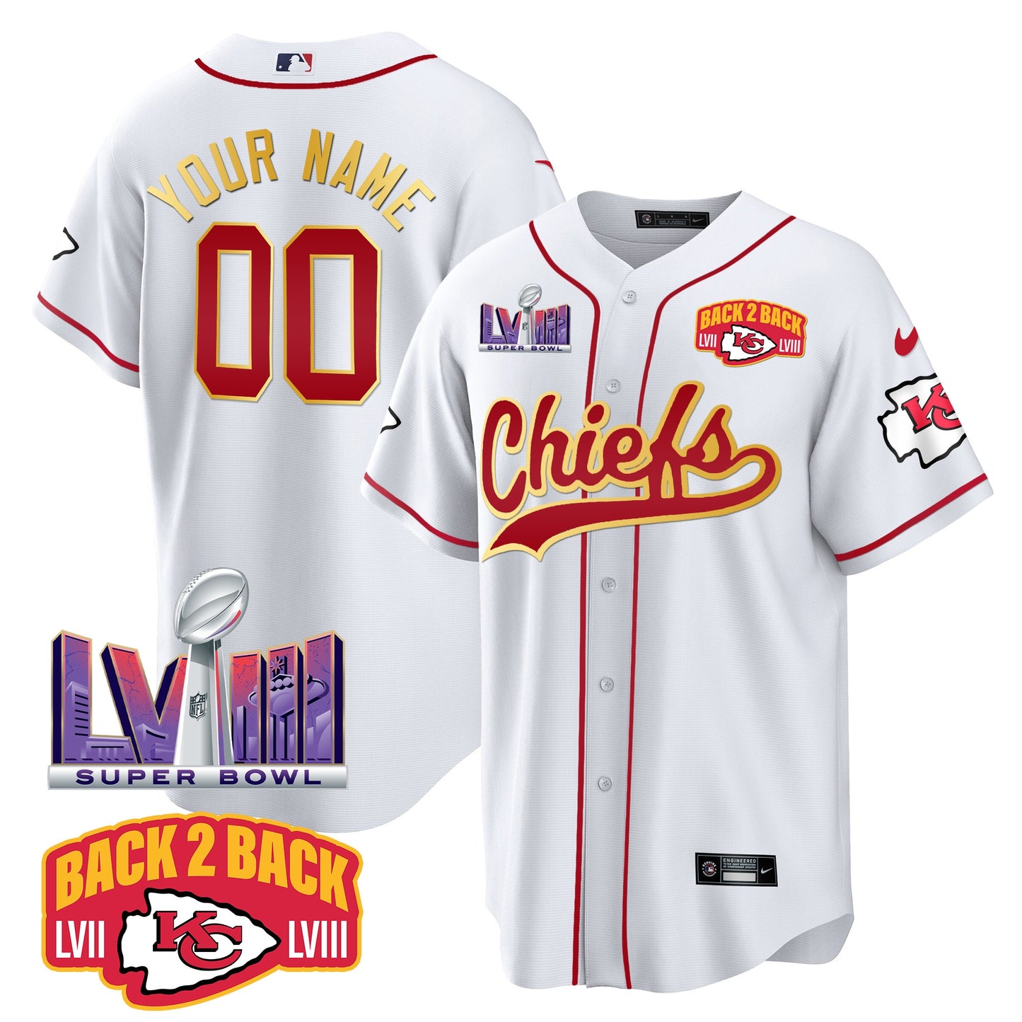 Chiefs Super Bowl LVIII & Back 2 Back Patch Baseball Custom Jersey - All Stitched