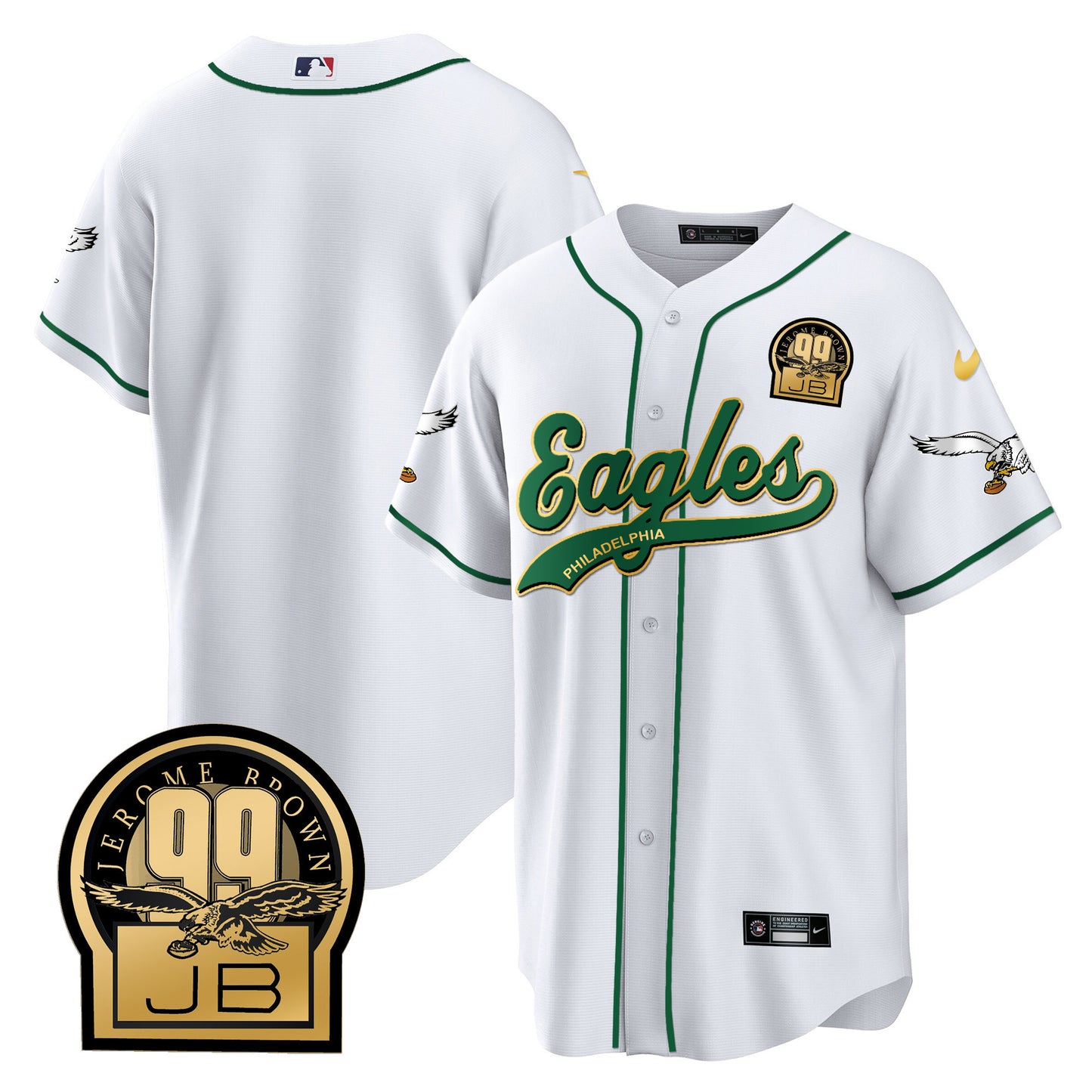 Eagles Jerome Brown Retired Patch Kelly Green Baseball Jersey - All Stitched