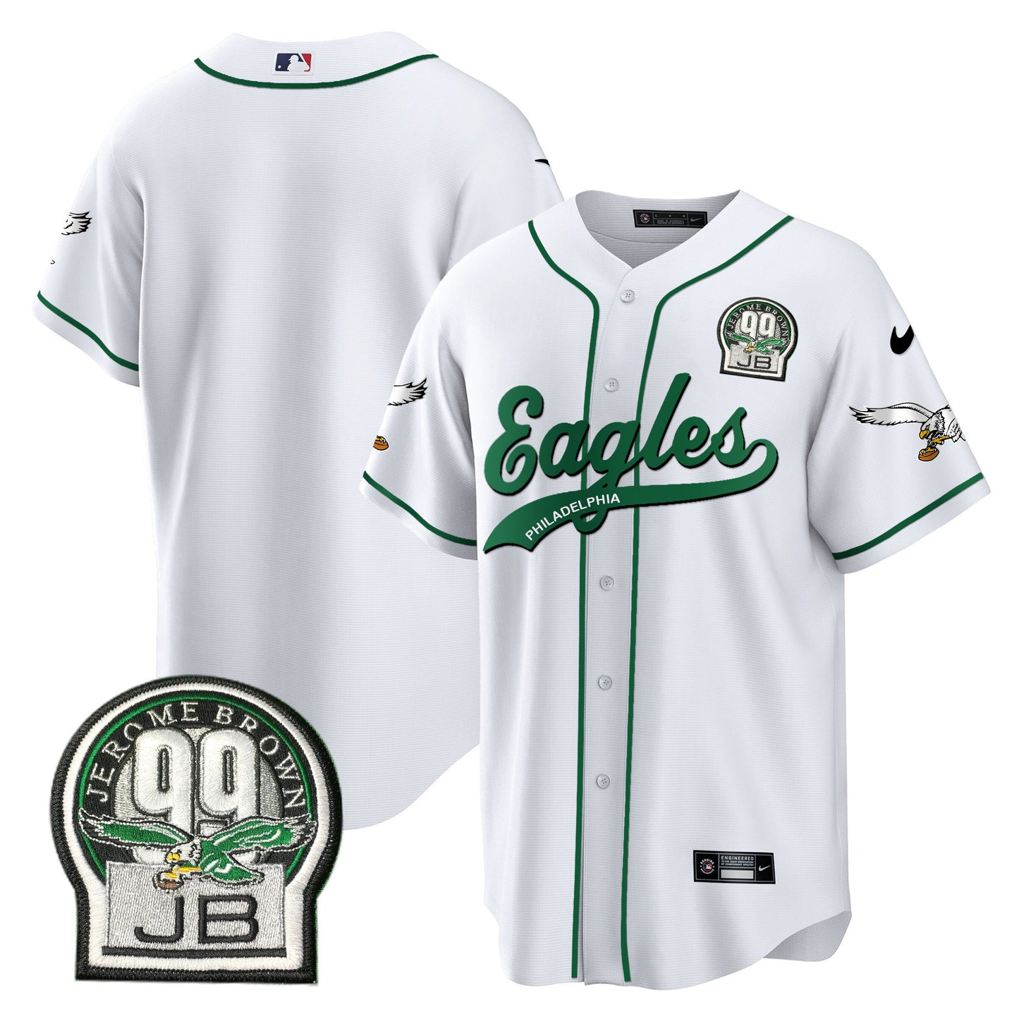 Eagles Jerome Brown Retired Patch Kelly Green Baseball Jersey - All Stitched