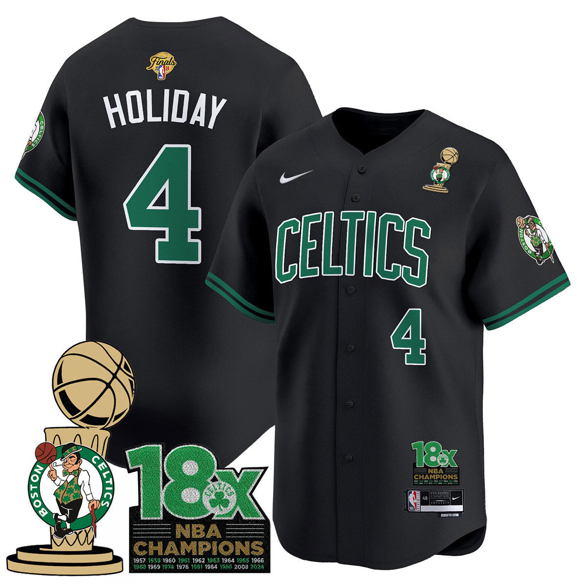 Men's Boston Celtics 2024 Champions Baseball Jersey - 18X Times NBA Champ Patch - All Stitched