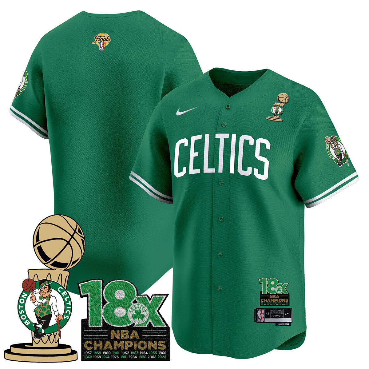 Men's Boston Celtics 2024 Champions Baseball Jersey - 18X Times NBA Champ Patch - All Stitched