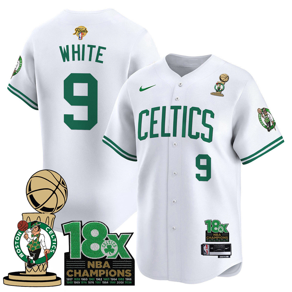 Men's Boston Celtics 2024 Champions Baseball Jersey - 18X Times NBA Champ Patch - All Stitched