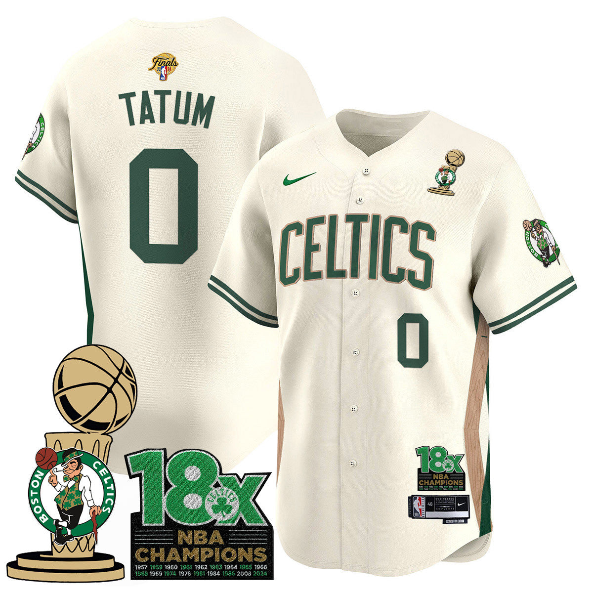 Men's Boston Celtics 2024 Champions Baseball Jersey - 18X Times NBA Champ Patch - All Stitched