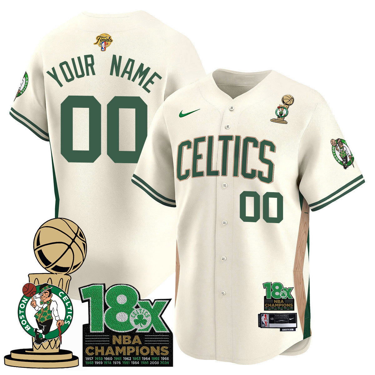 Custom Celtics 2024 Champions Baseball Jersey - 18X Times Champ Patch - All Stitched